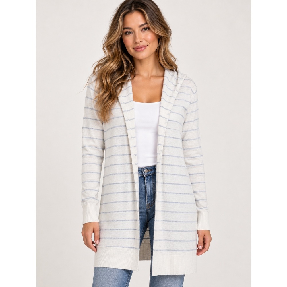 Cynthia Rowley Hooded Cardigan Womens Medium Blue White Striped 100% Linen NWT